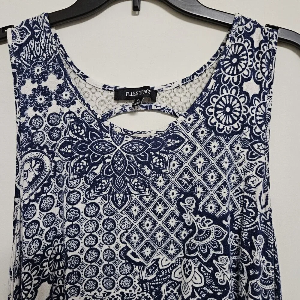 Ellen Tracy Sleeveless Paisley Tank Dress Size L Blue Cutout Back Lace Details - Picture 3 of 10